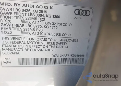 2019 Audi Q7 Premium Plus/Se Premium Plus from USA, damaged, VIN WA1LHAF71KD039668